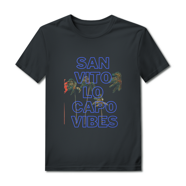 San Vito Lo Capo Vibes – schwarzes Palermo T-Shirt mit blauem Schriftzug und Palmen