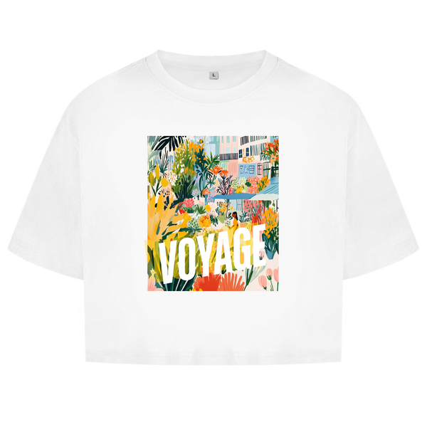 Crop Top Voyage – weißes Crop Top für den Sommer mit Voyage-Print